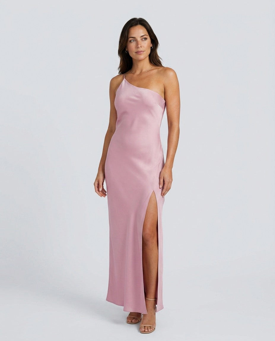 Satin One Shoulder Side Slit Midi Dress
