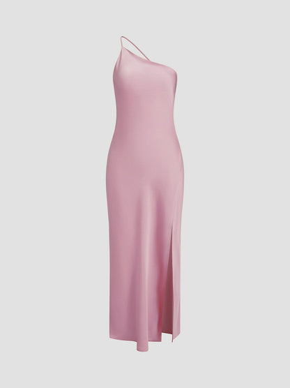 Satin One Shoulder Side Slit Midi Dress