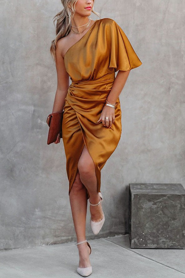 Satin One Shoulder Midi Dress