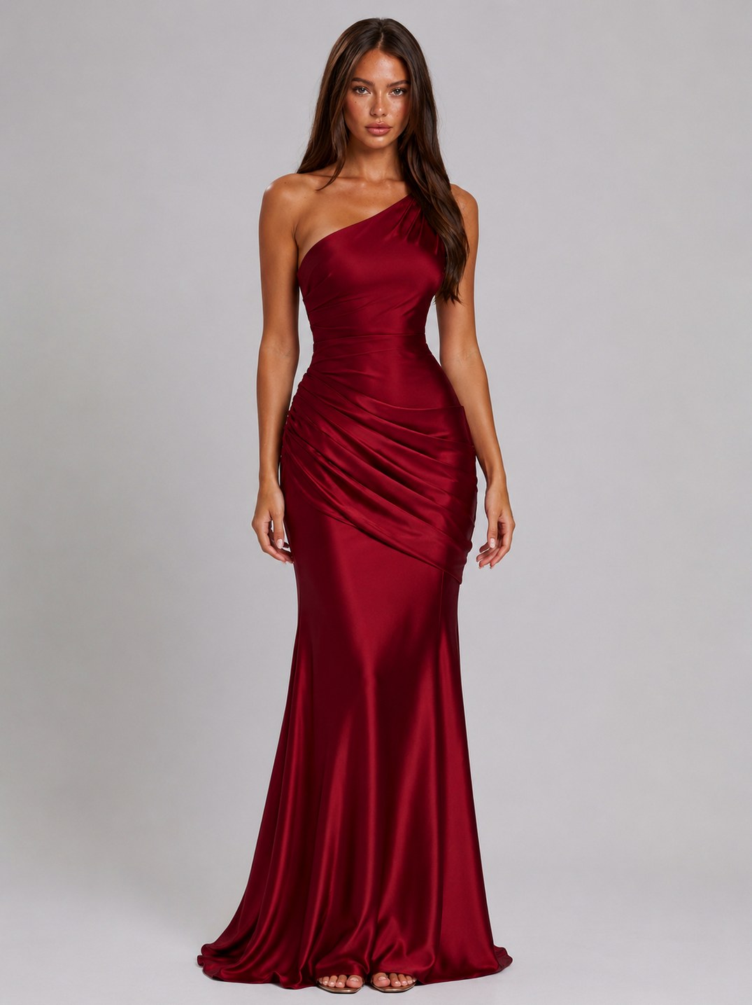 Satin One Shoulder Ruched Maxi Dress