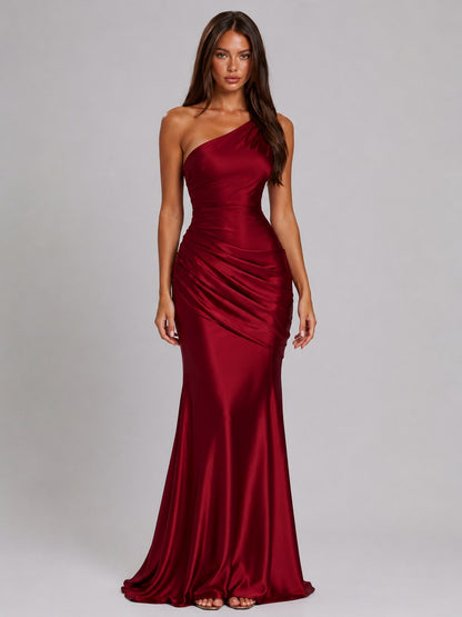 Satin One Shoulder Ruched Maxi Dress