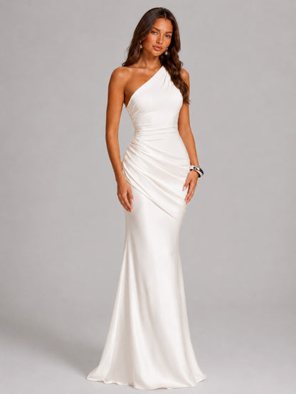 Satin One Shoulder Ruched Maxi Dress