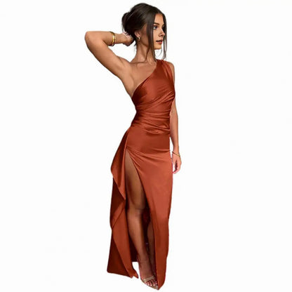 Satin One Shoulder Ruched Maxi Dress