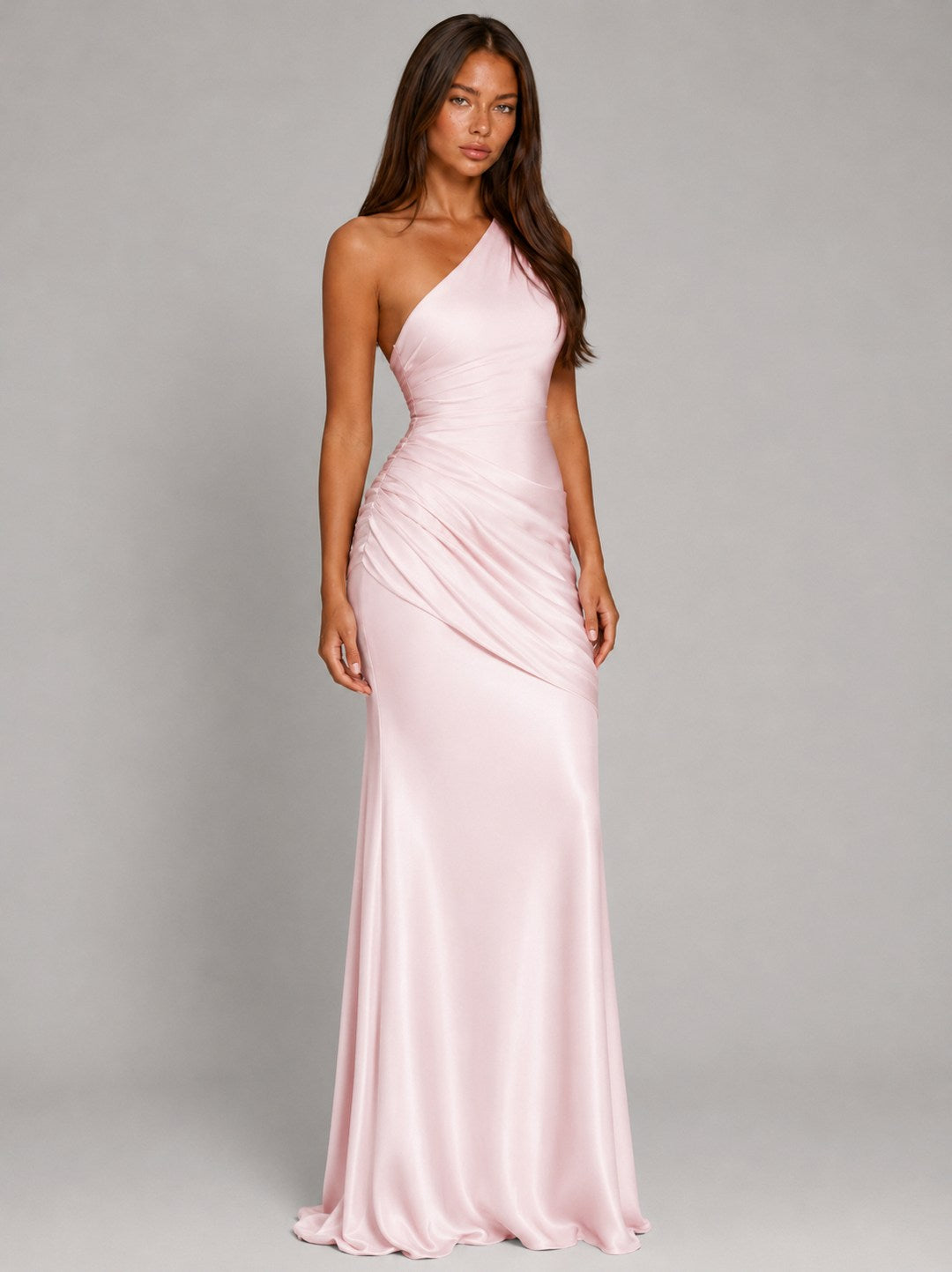 Satin One Shoulder Ruched Maxi Dress