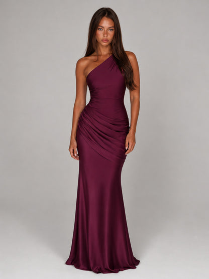 Satin One Shoulder Ruched Maxi Dress