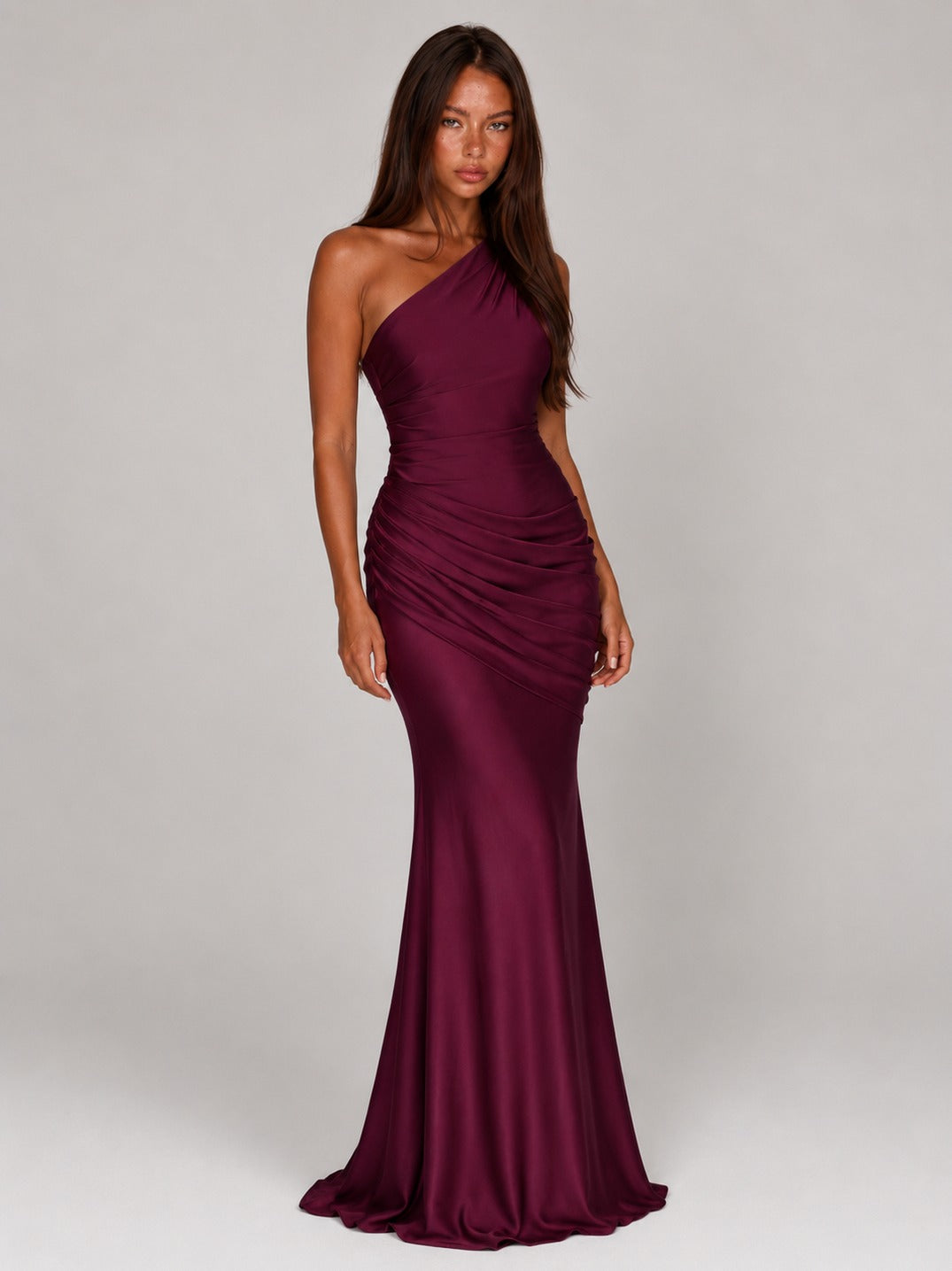 Satin One Shoulder Ruched Maxi Dress