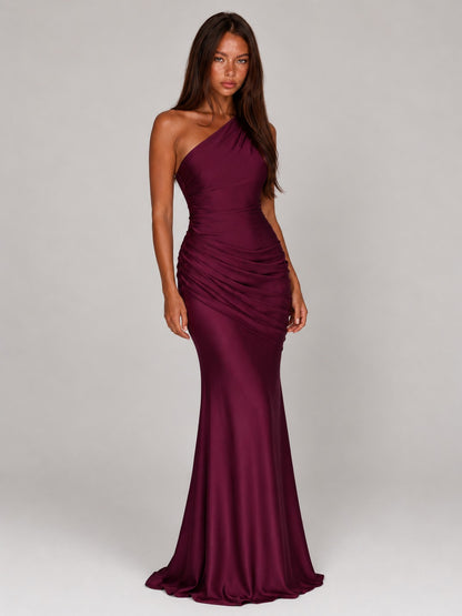 Satin One Shoulder Ruched Maxi Dress