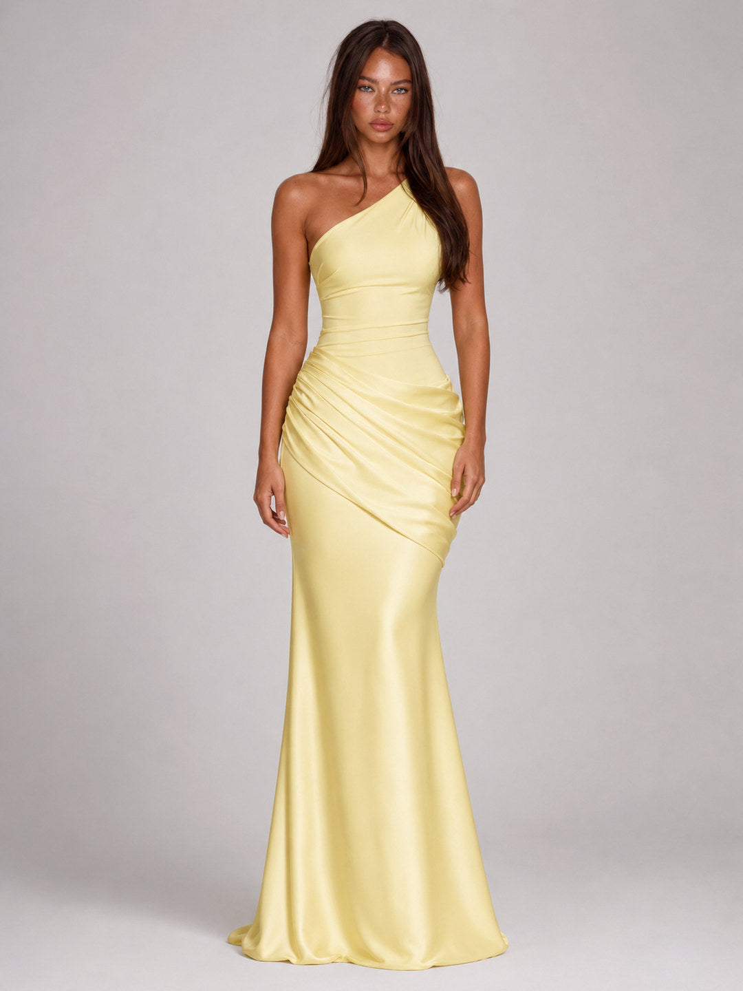 Satin One Shoulder Ruched Maxi Dress