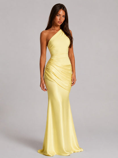 Satin One Shoulder Ruched Maxi Dress