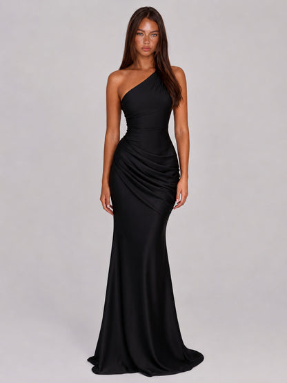 Satin One Shoulder Ruched Maxi Dress