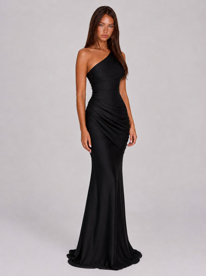 Satin One Shoulder Ruched Maxi Dress