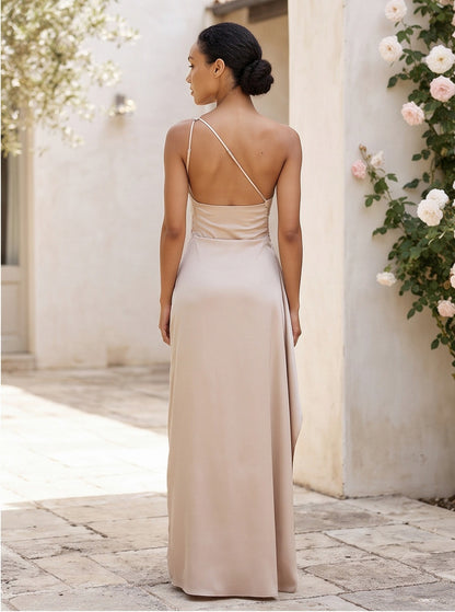Satin One Shoulder Ruched Maxi Dress