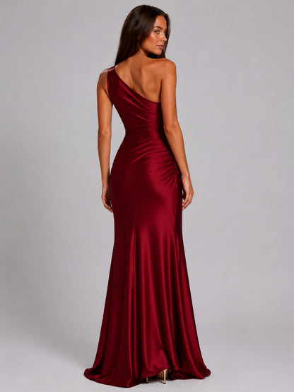 Satin One Shoulder Ruched Maxi Dress