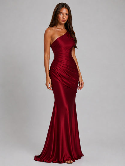 Satin One Shoulder Ruched Maxi Dress