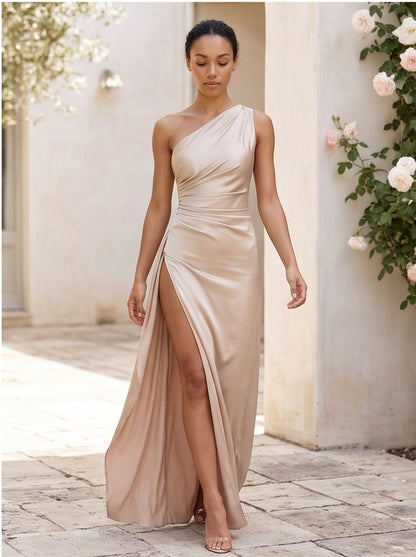Satin One Shoulder Ruched Maxi Dress