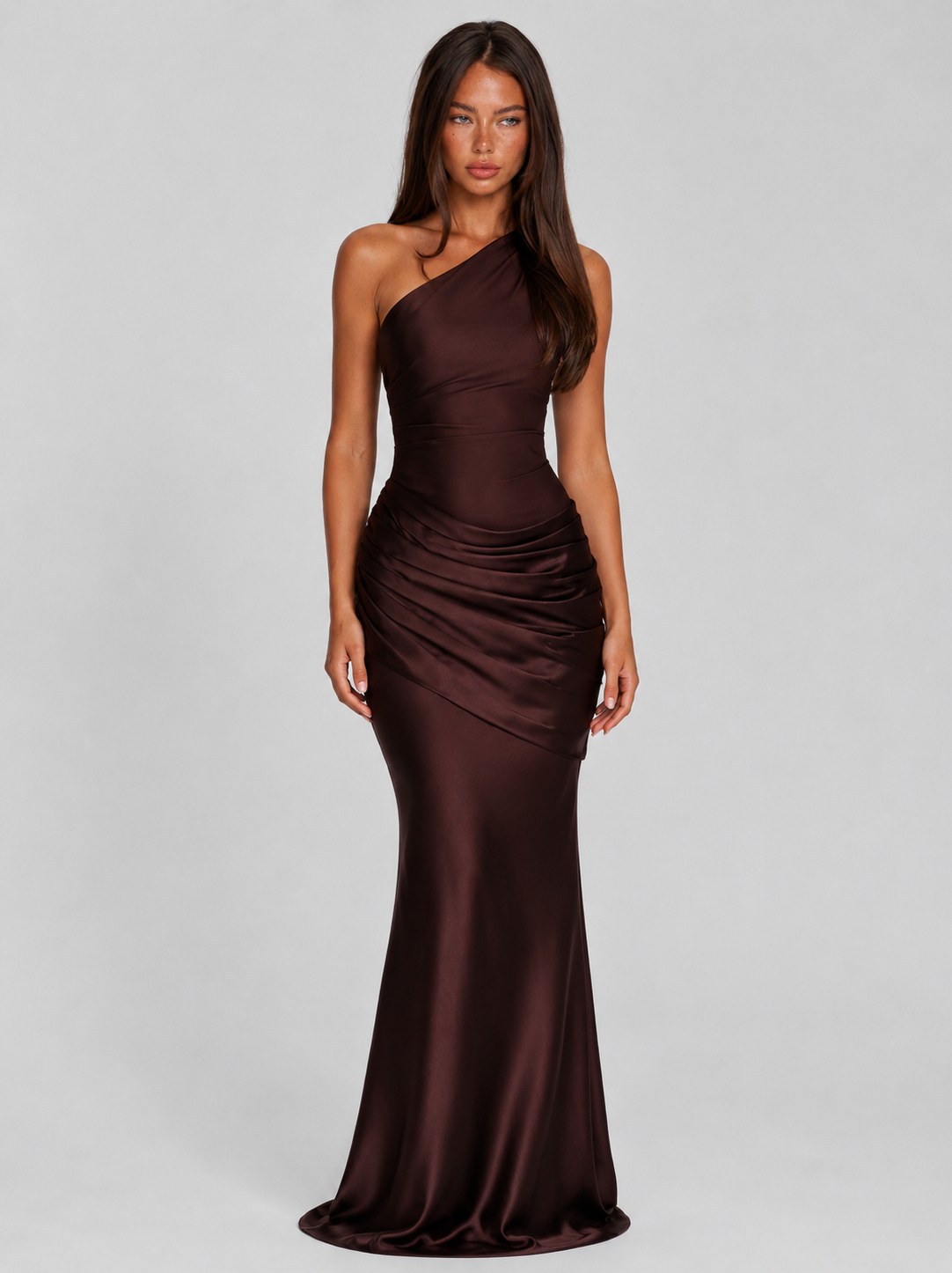Satin One Shoulder Ruched Maxi Dress