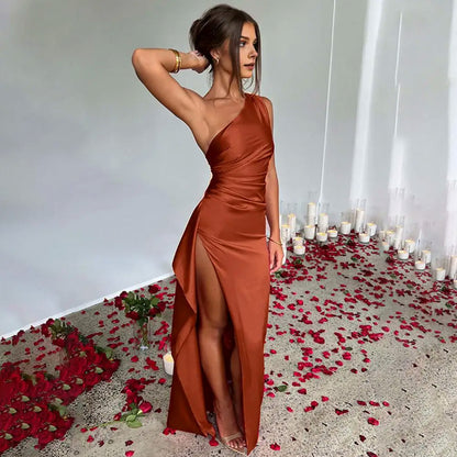 Satin One Shoulder Ruched Maxi Dress