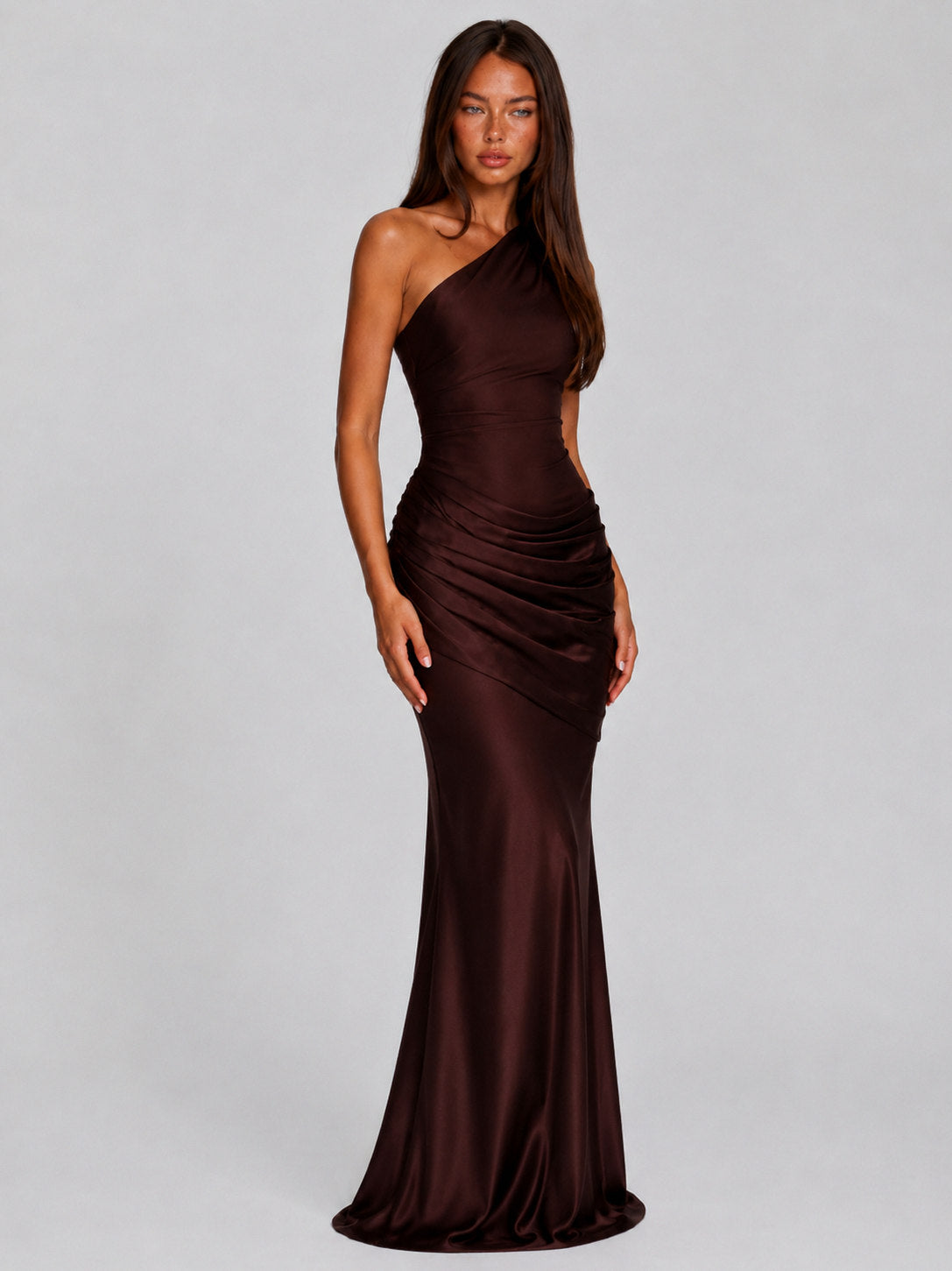 Satin One Shoulder Ruched Maxi Dress