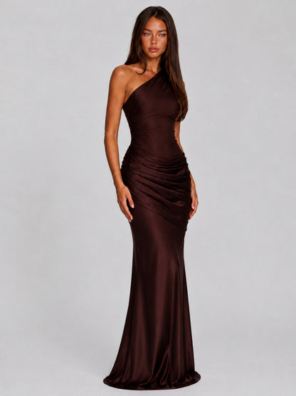 Satin One Shoulder Ruched Maxi Dress