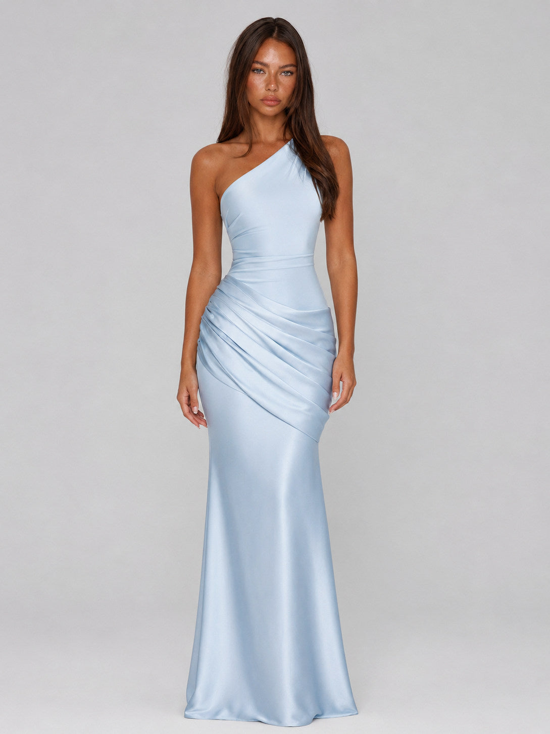 Satin One Shoulder Ruched Maxi Dress