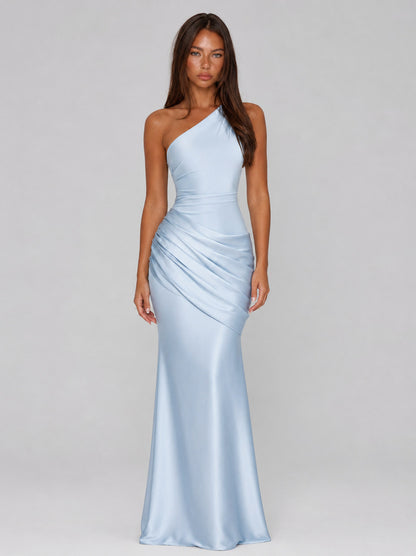 Satin One Shoulder Ruched Maxi Dress