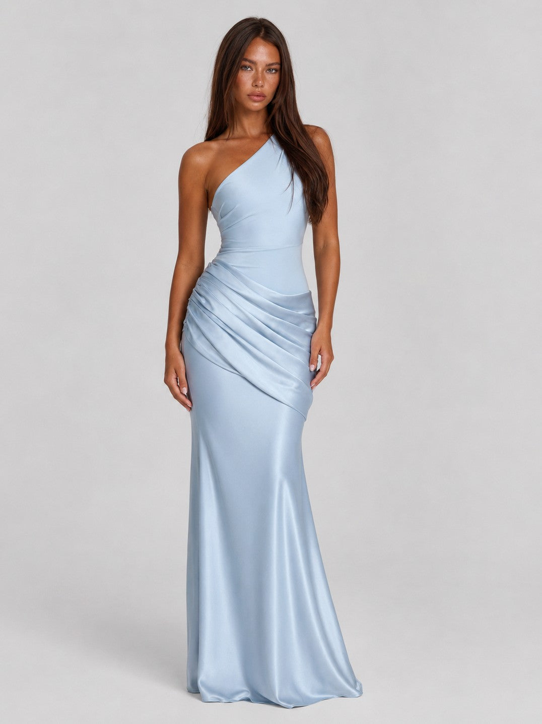 Satin One Shoulder Ruched Maxi Dress