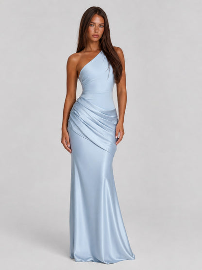 Satin One Shoulder Ruched Maxi Dress