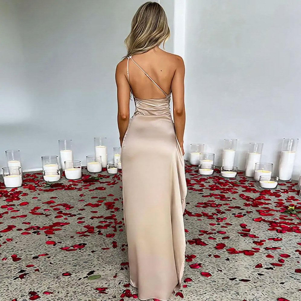 Satin One Shoulder Ruched Maxi Dress