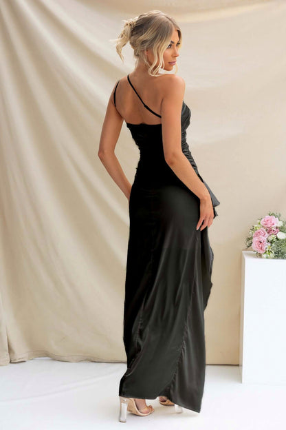 Satin One Shoulder Ruffle Maxi Dress