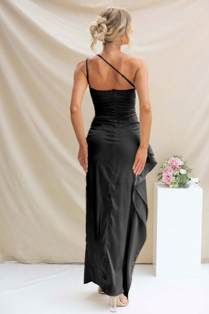 Satin One Shoulder Ruffle Maxi Dress
