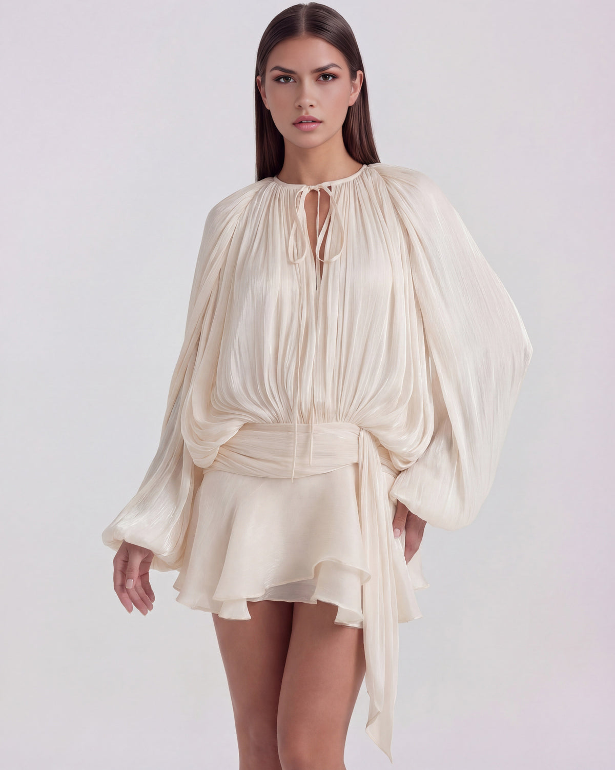 Satin Pleated Long Sleeve Mini Dress
