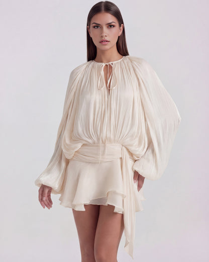 Satin Pleated Long Sleeve Mini Dress