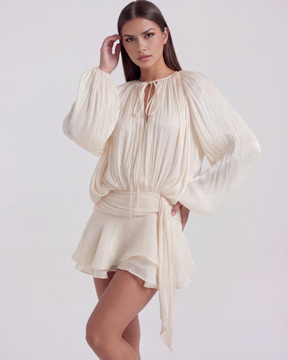 Satin Pleated Long Sleeve Mini Dress