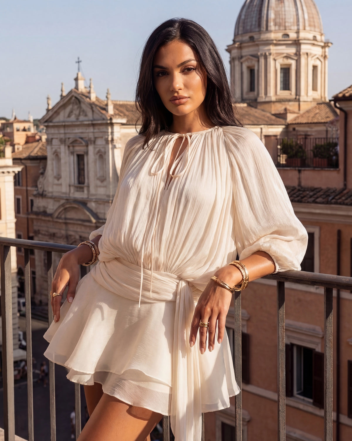 Satin Pleated Long Sleeve Mini Dress