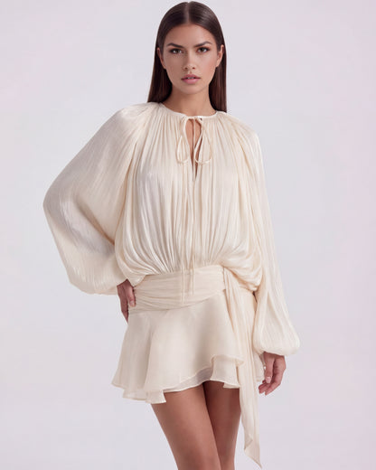 Satin Pleated Long Sleeve Mini Dress
