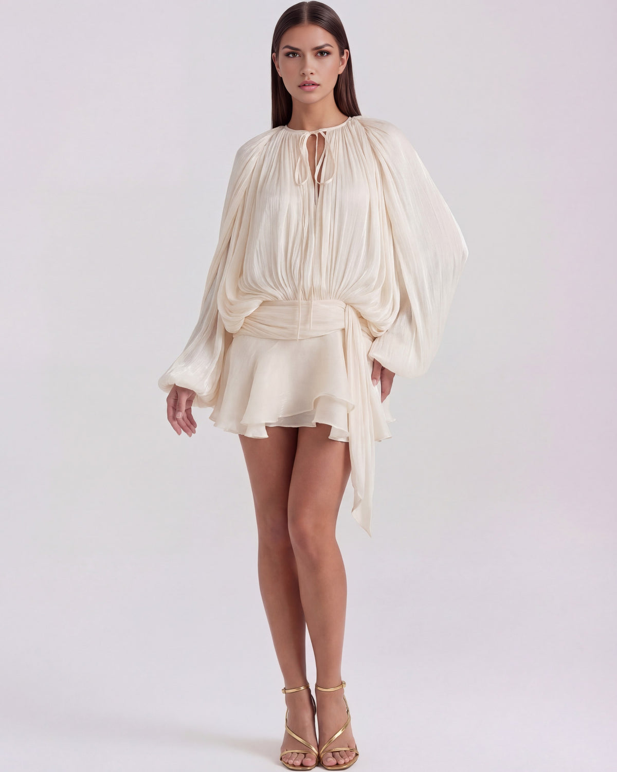 Satin Pleated Long Sleeve Mini Dress