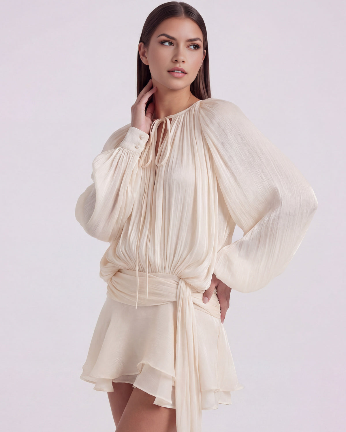 Satin Pleated Long Sleeve Mini Dress