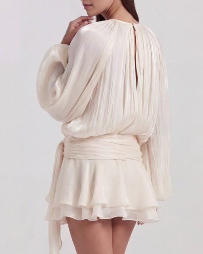 Satin Pleated Long Sleeve Mini Dress