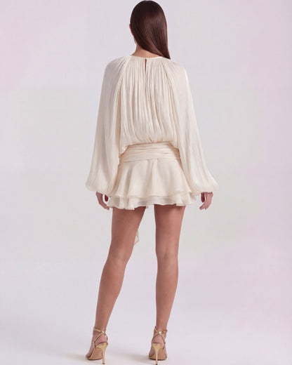 Satin Pleated Long Sleeve Mini Dress
