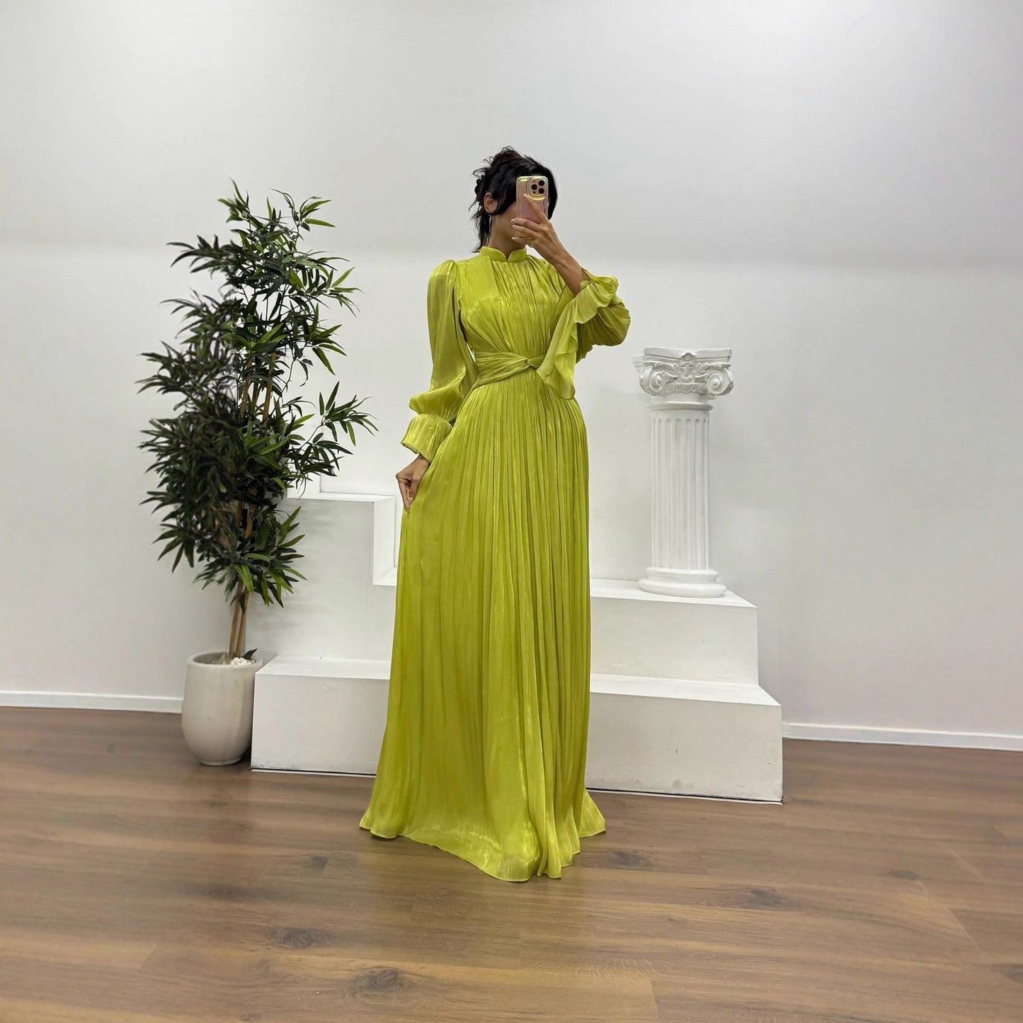 Satin Pleated Mock Neck Maxi Dress