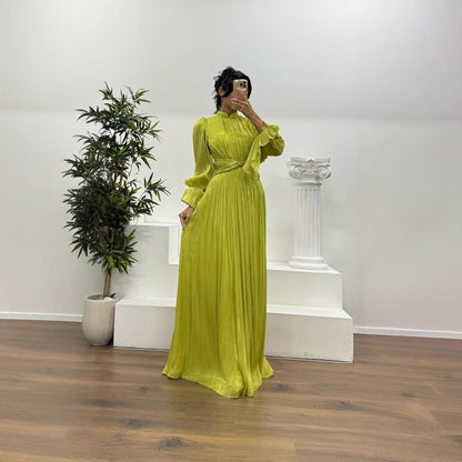 Satin Pleated Mock Neck Maxi Dress