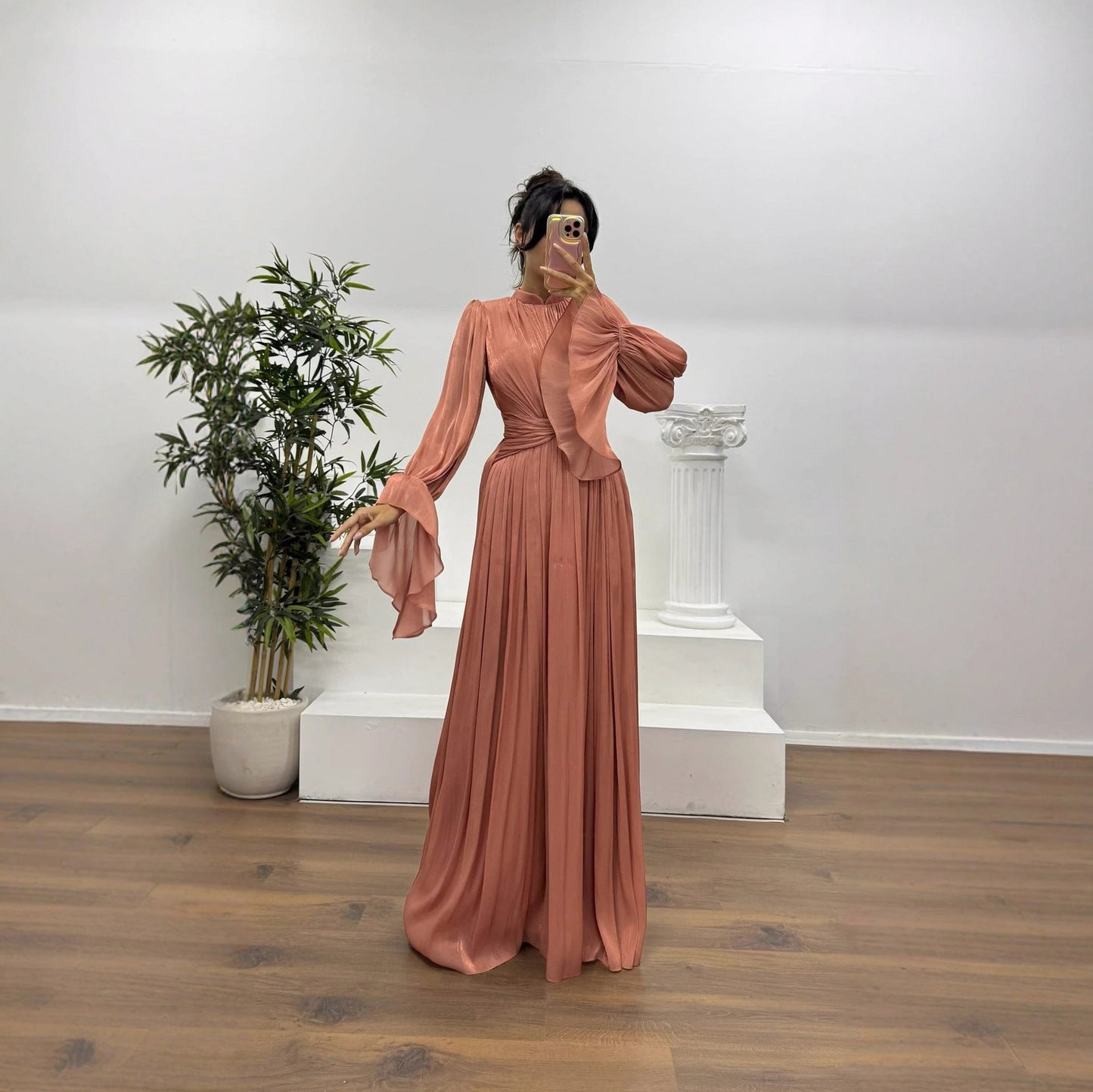Satin Pleated Mock Neck Maxi Dress