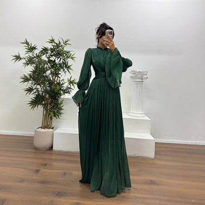 Satin Pleated Mock Neck Maxi Dress