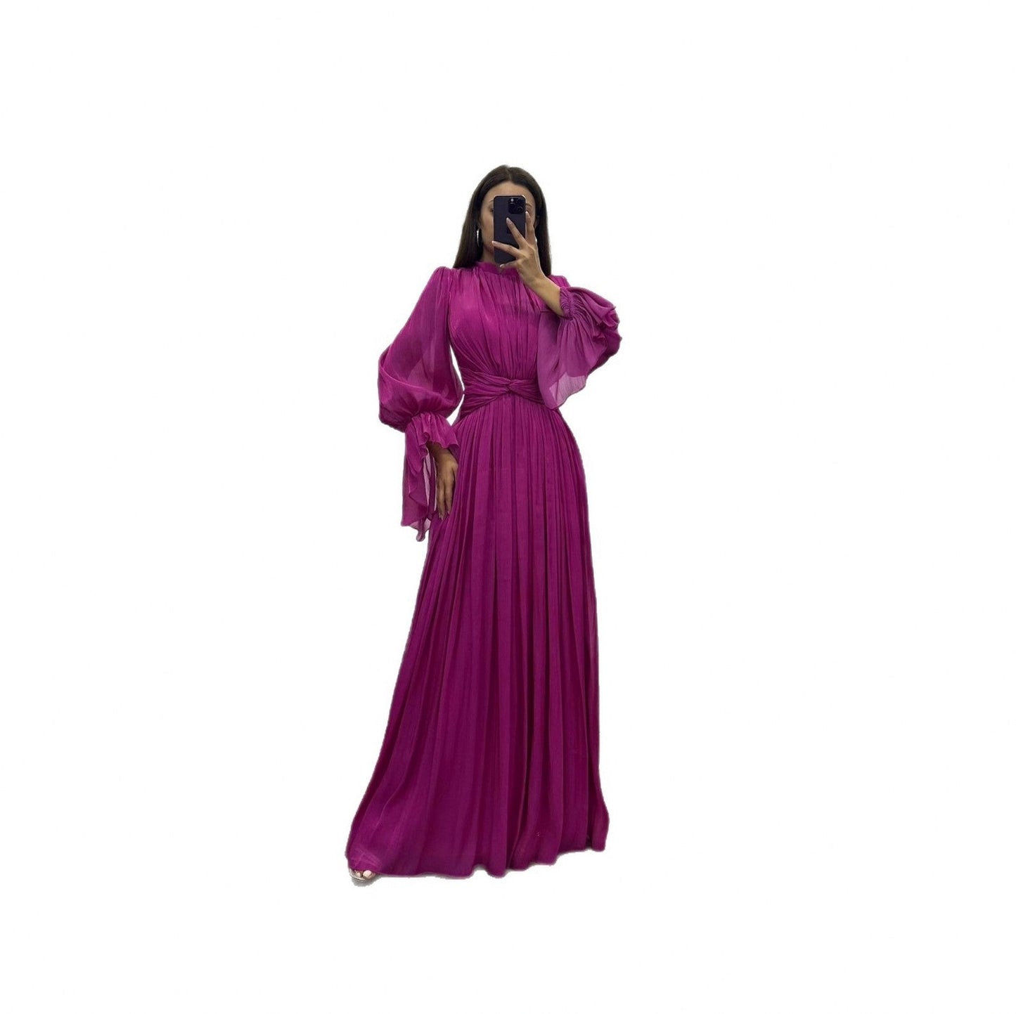 Satin Pleated Mock Neck Maxi Dress