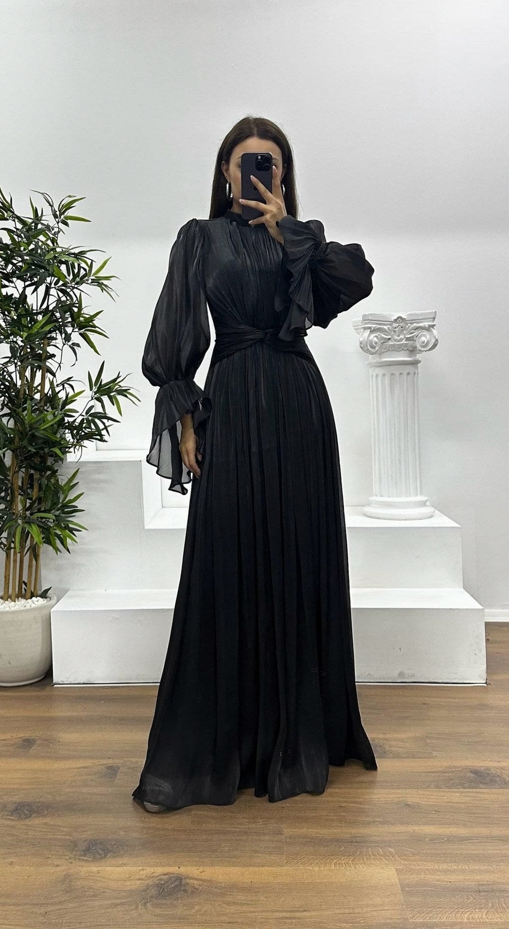 Satin Pleated Mock Neck Maxi Dress