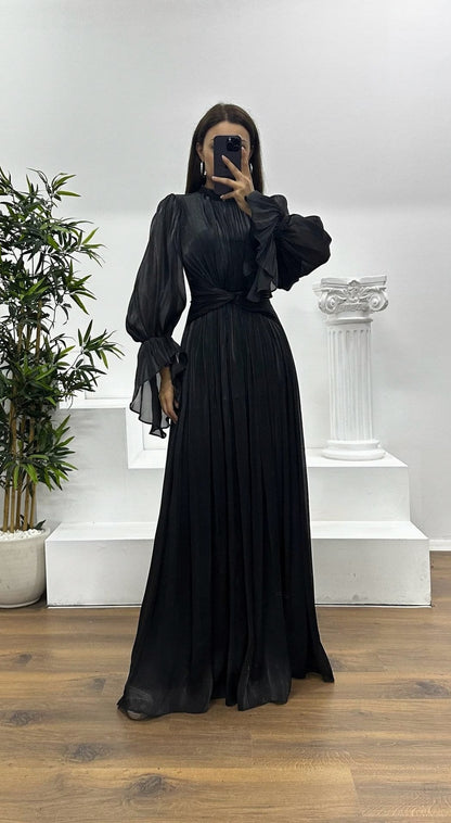 Satin Pleated Mock Neck Maxi Dress