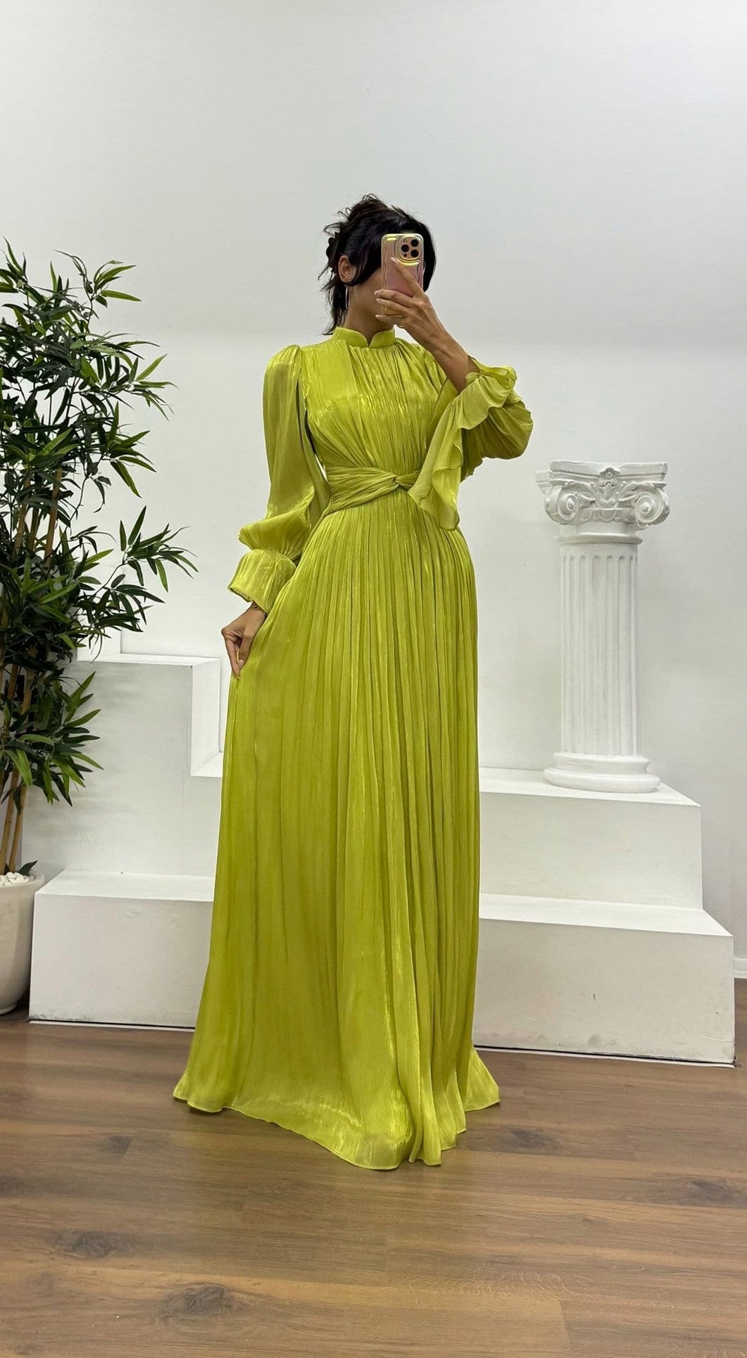 Satin Pleated Mock Neck Maxi Dress