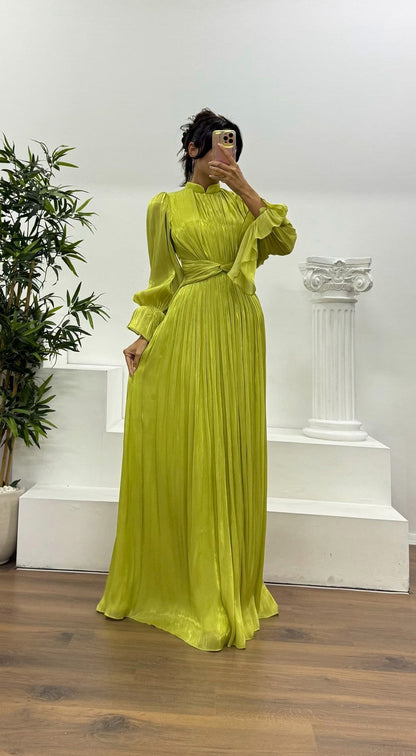 Satin Pleated Mock Neck Maxi Dress
