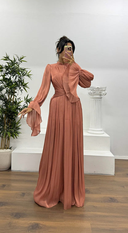 Satin Pleated Mock Neck Maxi Dress