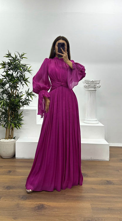 Satin Pleated Mock Neck Maxi Dress